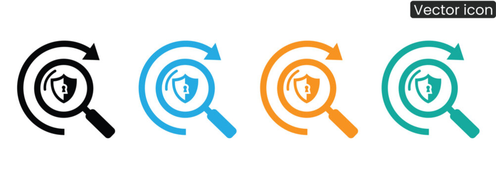 Four security icons with magnifying glass and shield in black, blue, orange, and teal colors, representing protection, safety, and investigation