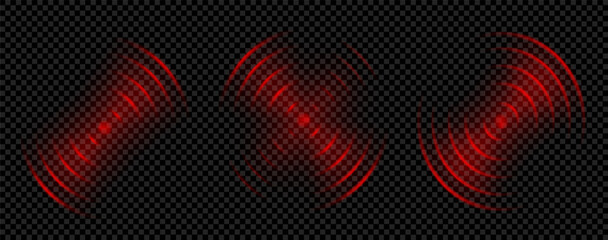 Red circle wave effect for target wifi to detect. Pain scan alarm icon. Neon light pulse waveform sign for hunting and shoot. Concentric radial ripple. Thermal glow sonar focus hud technology