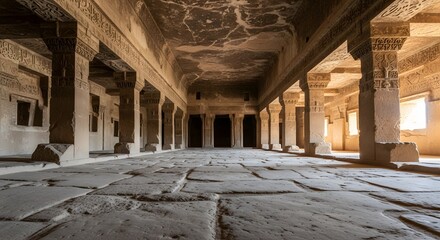 Grand ancient hall with carved stone columns in the underground