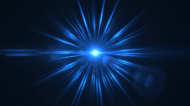 Abstract center glow animation with blue starburst light, soft optical flare and rotating rays, minimal black background, perfect for projection overlay, seamless loop