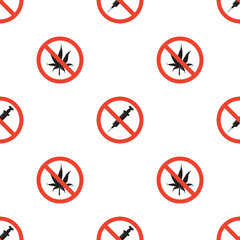 Cannabis and hard drugs in red stop circles, seamless pattern. Ban and refusal of unhealthy lifestyle. Forbidden and restriction signs, texture, wallpaper template