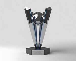 Futuristic metallic trophy with a football on a hexagonal base featuring engraved text and blue illuminated accents against a neutral background