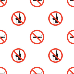 Alcohol and tobacco in red stop circles, seamless pattern. Ban and refusal of unhealthy lifestyle. Forbidden and restriction sign, texture, wallpaper template. Stop addiction from alcohol.