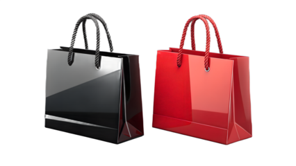 Glossy Shopping Bags PNG – Transparent Retail Packaging, Gift Bags with Twisted Handles, Black and Red