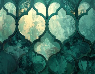 Abstract, jewel-toned mosaic of curved shapes revealing a textured, marbled backdrop