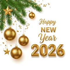 Happy new year 2026 greeting with golden ornaments and fir branch isolated on white background