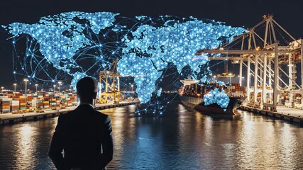 Global business connectivity network in shipping port at night - Powered by Adobe