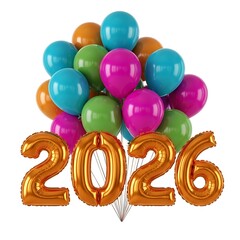 Shiny gold foil balloon numbers 2026 with colorful party balloons