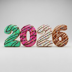 Four colorful glazed donuts forming the year 2026 isolated on white background