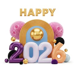 Happy new year 2026 celebration with gold text and abstract decor isolated on white background