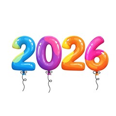 Colorful number balloons spelling out the year 2026 isolated on white background