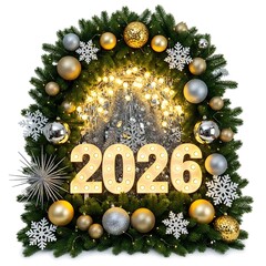 Illuminated 2026 new year wreath decoration with gold and silver baubles