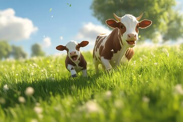 A heartwarming scene of a calf chasing after its mother as they both frolic through the lush green grass, laughter and joy evident in their playful interaction.