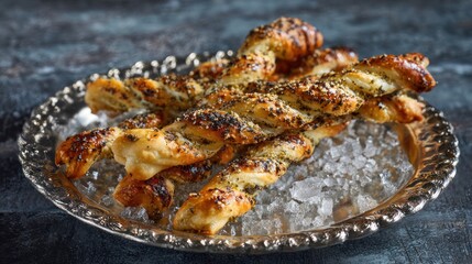Savory twisted pastry sticks with herbs and spices served on a silver plate