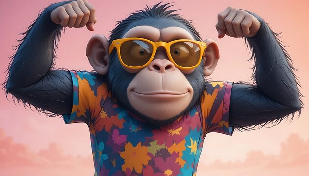 Cool Chimp Character Wearing Yellow Sunglasses and a Colorful Graphic T-shirt Flexing Strong Bicep Muscles Against a Pink Gradient Background Playful Fitness and Confidence Concept Art.