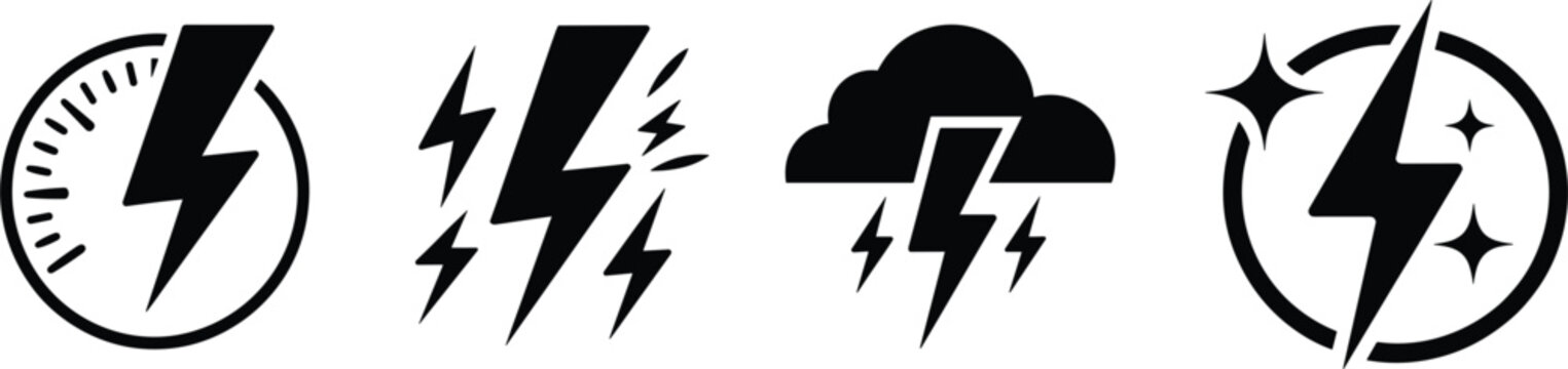 Black lightning bolt icon set with storm cloud, power symbols and energy sparks for web design