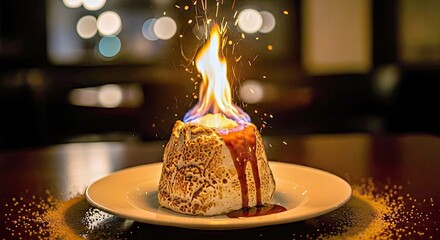 Grand Baked Alaska Centerpiece With Edible Gold Flakes Under Golden Hour Glow