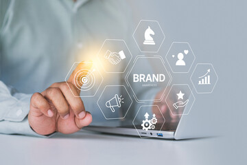 Brand awareness strategy concept, businessman planning digital brand awareness, communication, target, Marketing growth icons, customer loyalty, and partnership symbols for corporate branding success