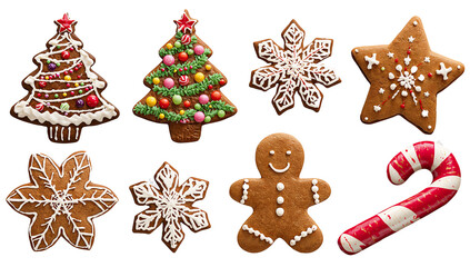 Fototapeta premium Assorted Decorated Christmas Gingerbread Cookies and Candy Cane Set Isolated on Black Background