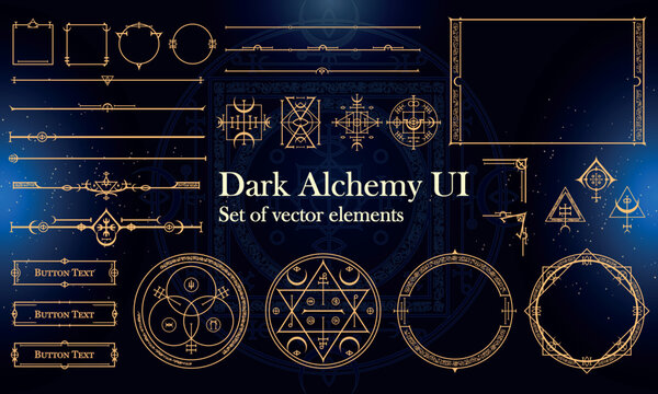 Set of Dark Fantasy Elements for user interface, poster, video. Alchemy magic HUD. Template for rpg game interface. Vector Illustration EPS10