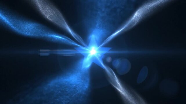 Abstract looping animation with a glowing blue star at the center, optical flare shining outward, rotating light rays, deep black background, elegant cinematic glow, seamless 4K loop for overlay