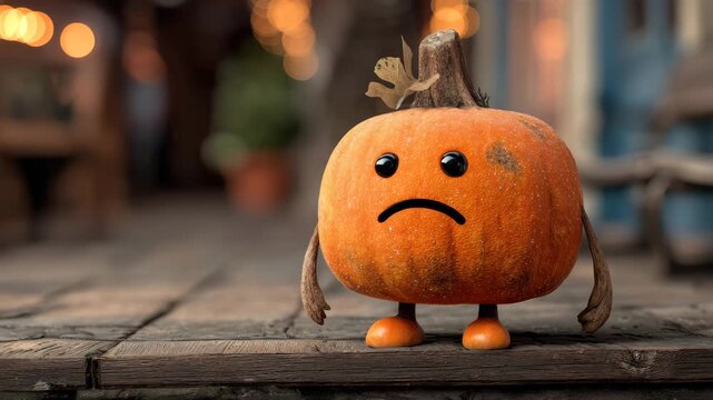 Sad pumpkin stands on wooden surface in a rustic setting during autumn season with warm lights in the background