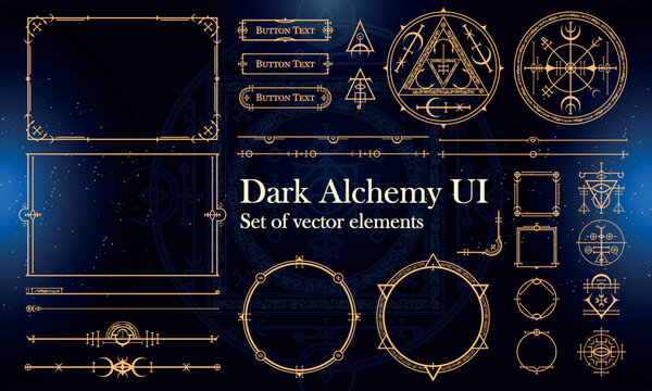 Set of Dark Fantasy Elements for user interface, poster, video. Alchemy magic HUD. Template for rpg game interface. Vector Illustration EPS10