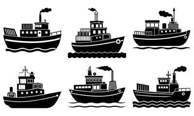 Obraz premium Six Black and White Tugboats on Wavy Water with Transparent Background waves