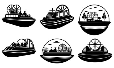 Six Wheelhouse Boats with People on a White Background silhouette black and white