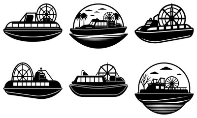 Six Steamboat Silhouettes on White Background paddle steamer black and white 1