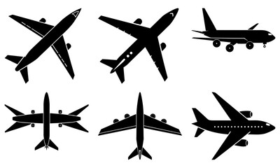 Six Different Airplane Silhouettes on White Background aircraft transportation