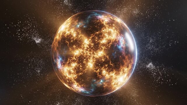 Fiery molten planet with glowing lava patterns and distant stars, glowing molten planet with bright fiery eruptions and starfield background, golden planet with glowing dust and cosmic particles