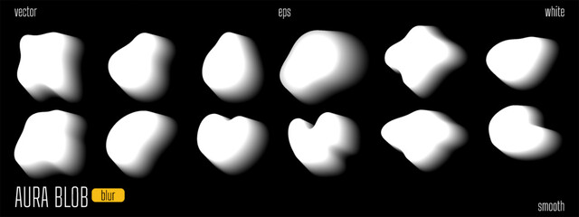 Gradient shape blur with abstract aura and color form. Y2k aesthetic fade silhouette. Blurry mesh effect, soft fluid grunge graphic on black. Vector transparent isolated geometric design set