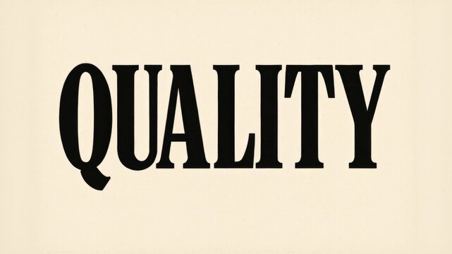 Bold text spelling 'QUALITY' in a vintage style. The letters are large and black against a light beige background, emphasizing the concept of excellence.