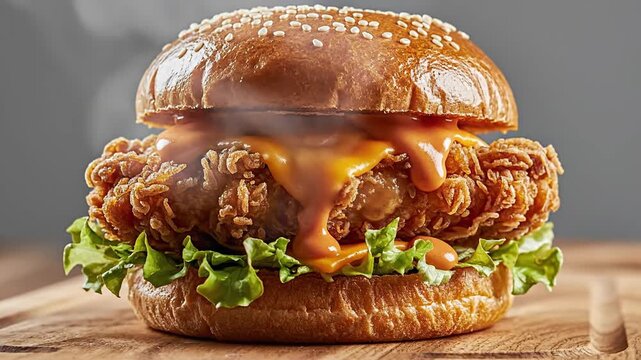 Close up of a delicious fried chicken burger on a wooden board