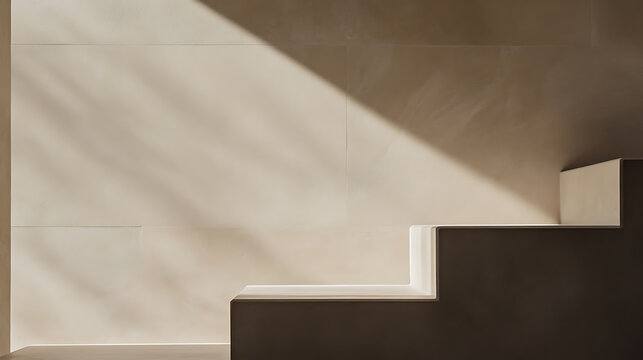 Elegant interplay of light and shadow on minimalist stairs against a textured wall. Soft, neutral tones create a serene and modern architectural scene. #Minimalism #Architecture - Powered by Adobe