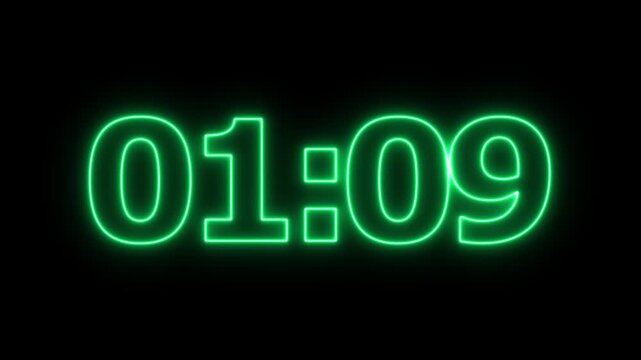 glowing neon 1 minute 15 second countdown animation from 75 seconds to 0 seconds on a transparent background, neon One minute 15 second countdown timer with alpha channel