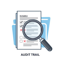 An audit trail visual of a document under inspection with a magnifying glass