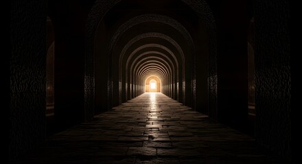 Obraz premium Long dark arched tunnel corridor with stone floor leading toward