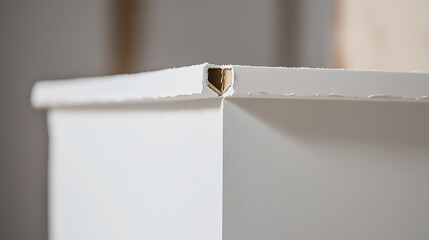 A close-up shows damaged molding on a white wall or piece of furniture, revealing the raw wood underneath. Imperfections and signs of wear create a unique aesthetic.