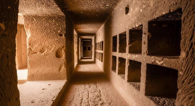 Long corridor with rock-cut niches inside the ancient Derinkuyu