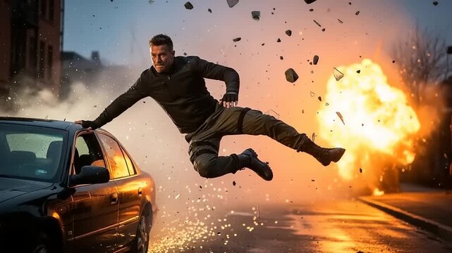 Action-packed scene of a man leaping from a car amidst explosion