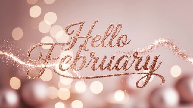 Hello February Greeting with Sparkling Bokeh Lights and Rose Gold Accents.