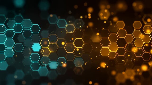 Digital data visualization concept with glowing blue and gold hexagon cells, scientific grid structure with floating sparks of field on dark background.Abstract futuristic technology background