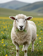 Obraz premium Sheep eating grass in a meadow with yellow flowers and distant mountains