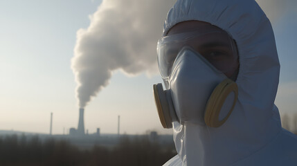 A person in a protective suit and gas mask stands against a backdrop of industrial pollution, highlighting environmental concerns and safety measures in hazardous environments.