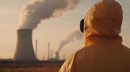 Environmental worker in protective suit observes industrial landscape. Tower emissions rise into the sky, raising questions about sustainability and regulations.
