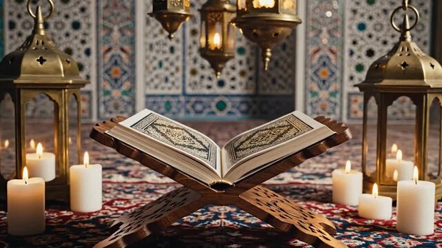 Holy Quran on Traditional Stand with Lit Candles and Lanterns.