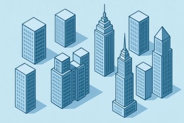 Naklejka premium A collection of various skyscrapers in a minimalist style. The buildings feature different shapes and heights, set against a light blue background.