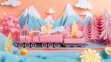 Paper Craft Train Journey through Pastel Mountains